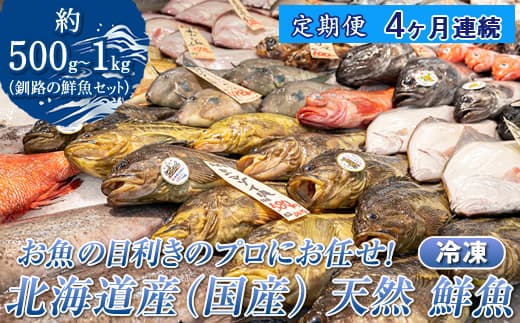 【定期便 4ケ月連続】 お魚の目利きのプロにお任せ!北海道産(国産) 天然 鮮魚 約500g~1kg(釧路の鮮魚セット) 鮮魚 刺身 セット 産地直送 定期便 海鮮 冷凍 冷凍便 北海道 釧路町 釧路超 特産品