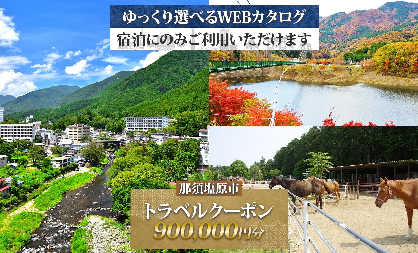 那須塩原市 後から選べる旅行Webカタログで使える! 旅行クーポン(900,000円分)旅行券 宿泊券 ns124-005 【宿泊 旅行 チケット ワンちゃん 犬連れ 温泉 ビジネス ホテル 宿】 (管理コード:ns124-005)