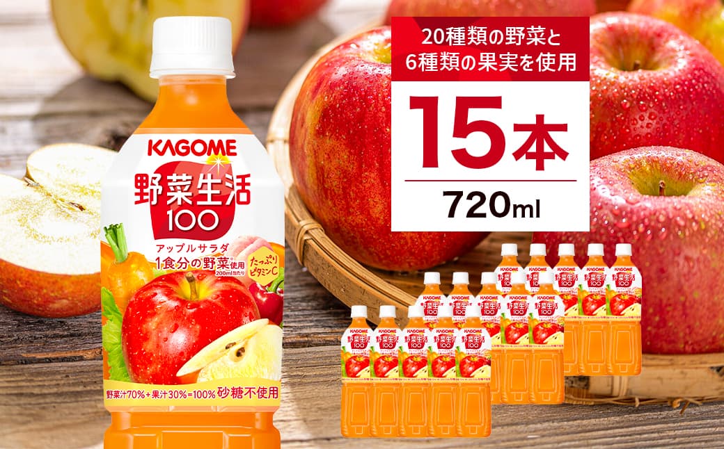 カゴメ 野菜生活100 アップルサラダ 720mlPET×15本【 飲料 野菜ジュース 栃木県 那須塩原市 】 ns001-028 (管理コード:ns001-028)