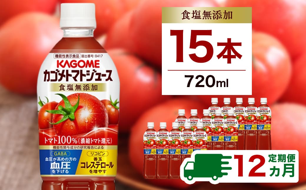 【定期便12ヵ月】カゴメトマトジュース 食塩無添加 720ml 15本 ns111-019【KAGOME ジュース 野菜 飲料 トマト リコピン GABA】(管理コード:ns111-019)
