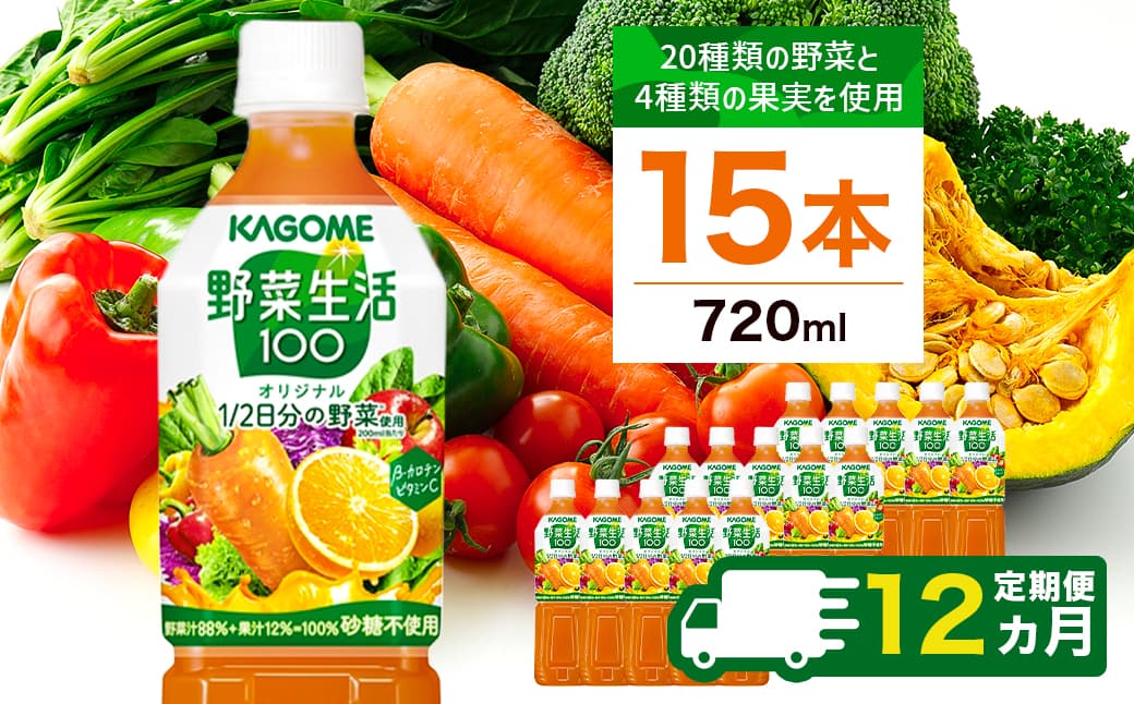 【定期便12ヵ月】カゴメ 野菜生活100 オリジナル 720ml 15本 ns111-025 【KAGOME 野菜 果実 ジュース ミックス フルーティ コク 健康 飲料 】(管理コード:ns111-025)