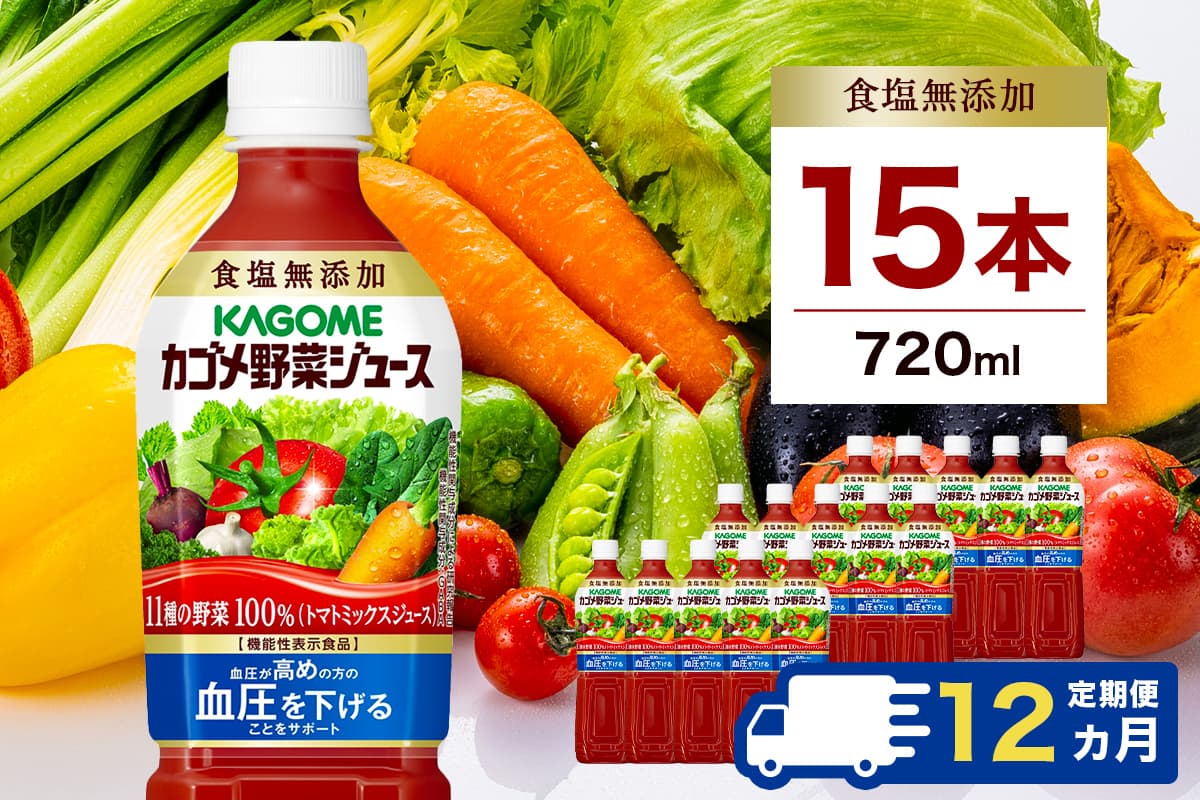 【定期便12ヵ月】カゴメ 野菜ジュース 食塩無添加 720ml 15本 ns111-028 【KAGOME 野菜 ジュース 食塩無添加 GABA 健康 飲料】(管理コード:ns111-028)