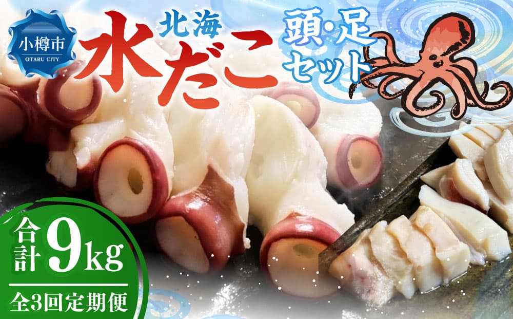 【3回定期便】北海 水だこ 頭・足 セット 約3kg 合計約9kg たこ タコ 蛸 冷凍だこ 冷凍蛸