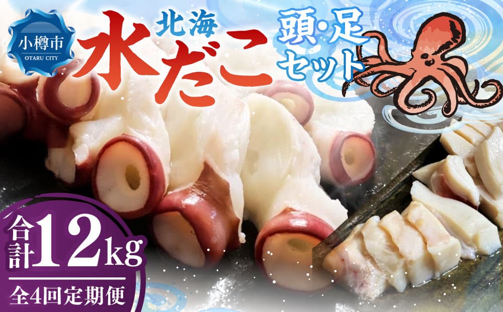 【4回定期便】北海 水だこ 頭・足 セット 約3kg 合計約12kg たこ タコ 蛸 冷凍だこ 冷凍蛸